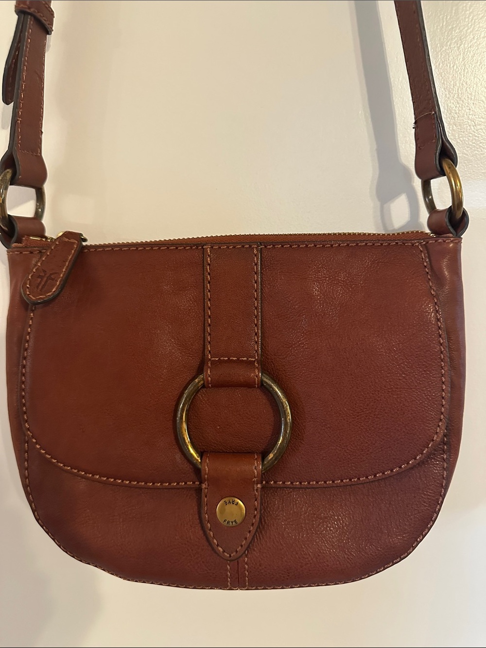 Frye Chestnut Brown Leather Crossbody with Ring Detail